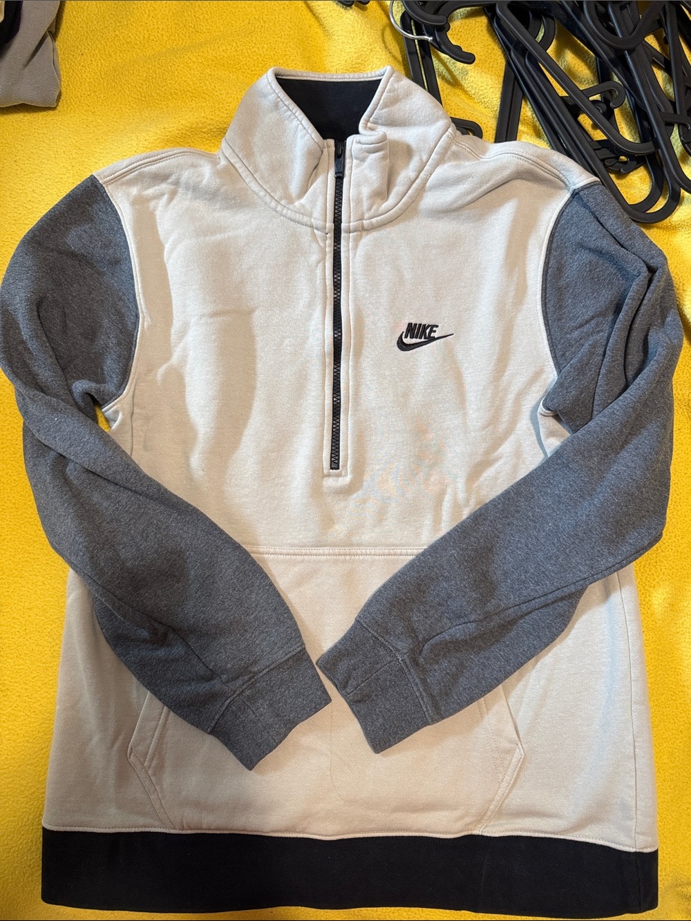 Nike women’s quarter zip Pullover Sweatshirt in tan and Gray with a black band